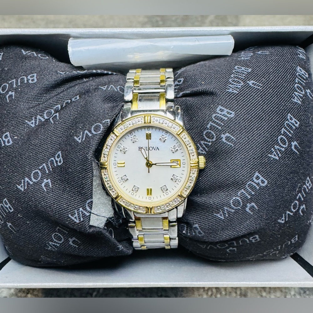 Bulova Two-Tone Stainless Mother of Pearl, Diamond Bezel Date Indicator Watch - Picture 3 of 15